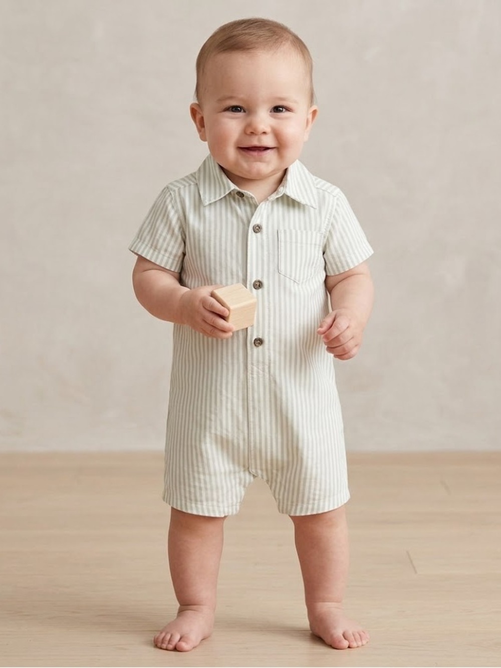 Carter's Green and White Striped Short-Sleeve Romper Baby Boy 🥰